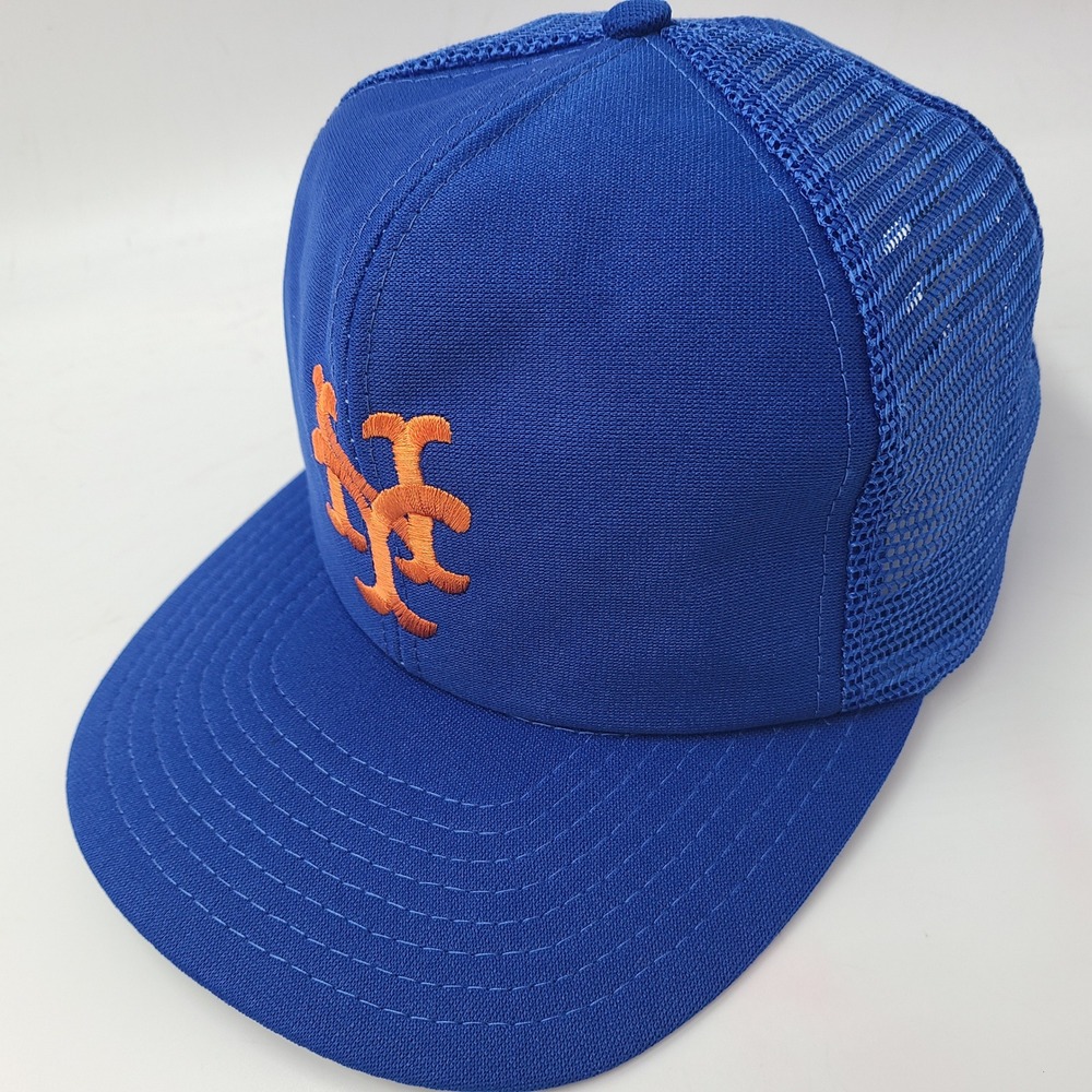 Vintage New York Mets Hat Snapback S-M UII Trucker Mesh Blue Orange MLB Logo 80s